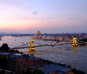 Budapeszt, Rzeka Dunaj, Węgry, Parlament, Zachód słońca, Most Łańcuchowy