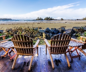 Drewniane, Krzesła, Podest, Plaża Chesterman Beach, Kanada, Tofino, Kamienie, Kolumbia Brytyjska, Cztery