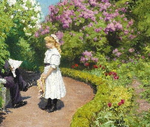 Ogród, Park, Hans Andersen Brendekilde, Dziewczynka, Kapelusz, Malarstwo, Kwiaty