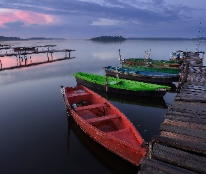 Łódki, Kolorowe, Jezioro, Pomost