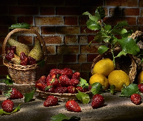 Kompozycja, Koszyki, Truskawki, Owoce, Cytryny, Gruszki
