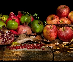 Jabłka, Owoce, Tło, Koszyczki, Liście, Czarne, Granaty