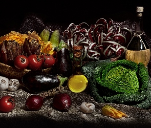 Warzywa, Butelka, Kapusta, Wino, Czosnek, Karczochy, Pomidory, Cebula, Bakłażan