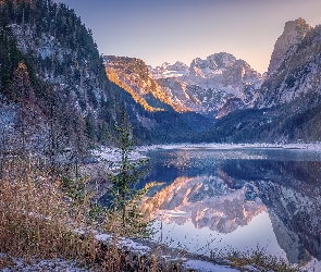 Drzewa, Jezioro, Góry, Śnieg