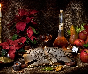 Kompozycja, Butelka, Fajka, Wino, Książka, Świeca, Jabłka, Gruszki, Gwiazda betlejemska, Zegarek