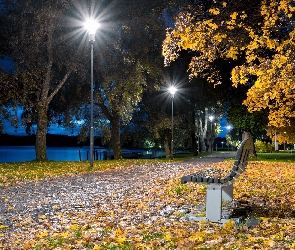 Park, Ławka, Jesień, Wieczór, Jezioro, Latarnie