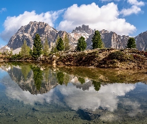 Jezioro, Drzewa, Dolomity, Góry, Włochy, Odbicie, Chmury, Tyrol, Lago Limides