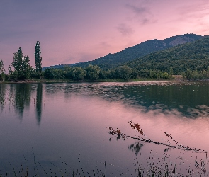 Poranek, Drzewa, Góry, Jezioro