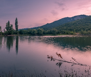 Góry, Poranek, Drzewa, Jezioro