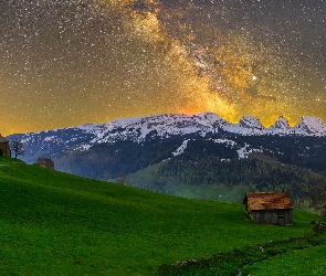 Szwajcaria, Droga mleczna, Gwiazdy, Kanton Sankt Gallen, Domy, Alt Sankt Johann, Góry, Appenzeller Alpen, Wieś, Alpy Zachodnie