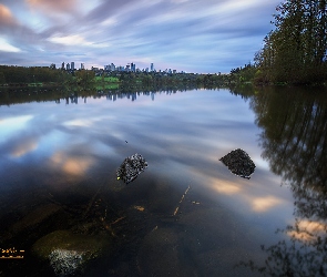 Odbicie, Zarośla, Zachód słońca, Kanada, Deer Lake Park, Jezioro Deer, Burnaby, Kamienie