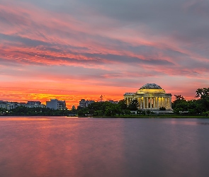 Pomnik Jeffersona, Jezioro, Panteon, Wschód słońca, Waszyngton, Jefferson Memorial, Stany Zjednoczone, Zbiornik Tidal Basin