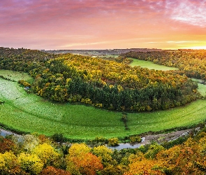 Zakole, Jesień, Rzeka Wye, Lasy, Forest of Dean, Drzewa, Anglia, Wschód słońca