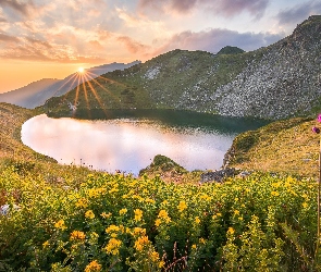 Jezioro Urdini Ezera, Góry Riła, Bułgaria, Kwiaty, Promienie słońca, Chmury, Roślinność