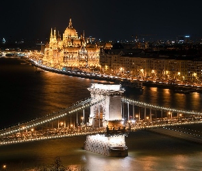 Parlament, Budapeszt, Węgry, Budynki, Noc, Rzeka Dunaj, Światła, Most Łańcuchowy