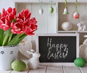 Wielkanoc, Zawieszki, Happy Easter, Kompozycja, Pisanki, Wazon, Zajączki, Tablica, Tulipany, Napis