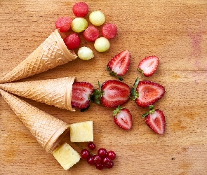 Deska, Porzeczka, Truskawki, Owoce, Wafelki, Rożki