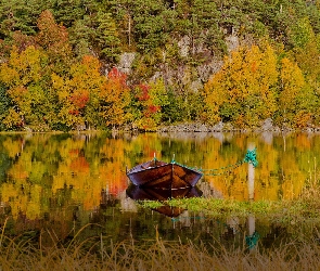 Jesień, Las, Łódka, Jezioro