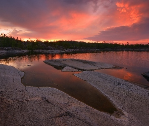 Jezioro Ładoga, Rosja, Karelia, Skały, Zachód słońca