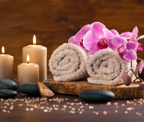 SPA, Kwiat, Miseczka, Storczyk, Łyżka drewniana, Sól morska, Świece, Kamienie, Ręczniki