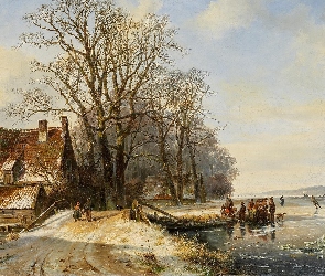 Łyżwiarze, Drzewa, Staw, Ludzie, Frans Arnold Breuhaus de Groot, Obraz, Zima, Domy, Malarstwo, Wieś