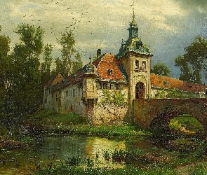 Obraz, Fosa, Malarstwo, August Levin von Wille, Zamek, Malarz, Drzewa, Most