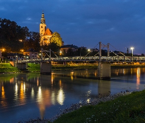 Kościół, Salzburg, Austria, Wieczór, Most, Rzeka Salzach, Roślinność, Domy
