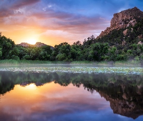 Stany Zjednoczone, Prescott National Forest, Las, Arizona, Jezioro, Góry, Zbiornik, Granite Basin Lake, Zachód słońca, Drzewa