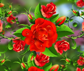 Grafika 2D, Róże, Kwiaty, Czerwone
