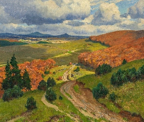 Obraz, Malarstwo, Droga, Krajobraz, Jesień, Wzgórza, Fritz von Wille