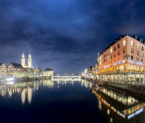 Noc, Budynki, Zurich, Szwajcaria, Oświetlone, Rzeka Limmat, Most