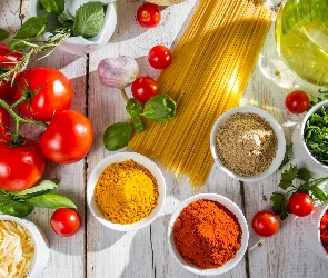 Pomidory, Spaghetti, Przyprawy, Produkty, Makaron