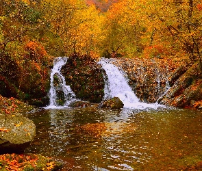 Wodospad, Jesień, Skały, Drzewa, Rzeka