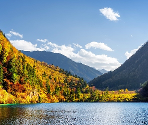 Chiny, Prowincja Syczuan, Góry, Park Narodowy Jiuzhaigou, Lasy, Jezioro