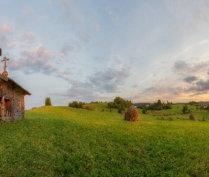 Kaplica, Stogi, Kienoziero, Wieś, Rosja, Lato, Siana, Obwód archangielski, Pola