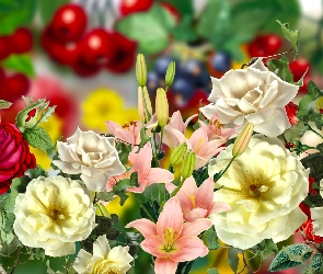 Kolorowe, Grafika, Róże, Lilie, Kwiaty