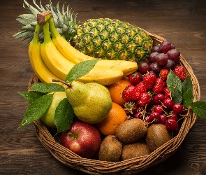 Jabłko, Koszyk, Winogrona, Deski, Owoce, Banan, Gruszka, Kiwi, Czereśnie, Ananas