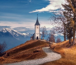 Wieś Begunje na Gorenjskem, Wzgórze, Słowenia, Góry, Droga, Jesień, Drzewa, Kościół św. Piotra