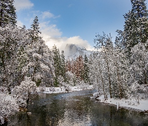 Zima, Góry, Park Narodowy Yosemite, Zima, Stany Zjednoczone, Rzeka Merced River, Szczyt El Capitan, Kalifornia, Drzewa