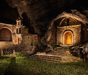 Sanktuarium, Burgos, Skała, Hiszpania, Noc, Drzwi, Ermita de San Bernabe, Ojo Guarena, Schody