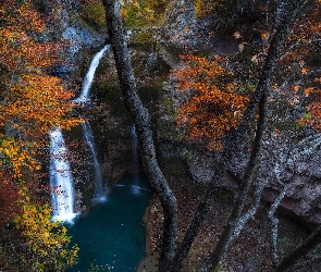 Drzewa, Rzeka, Skały, Jesień, Wąwóz, Wodospad