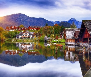 Wschód słońca, Góry, Styria, Odbicie, Domy, Jezioro Grundlsee, Austria