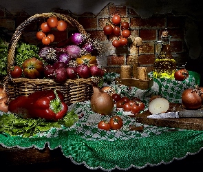 Buraki, Sałata, Pomidory, Cebula, Serweta, Olej, Nóż, Warzywa, Koszyk, Pieprz, Papryka, Przyprawy, Kompozycja, Sól