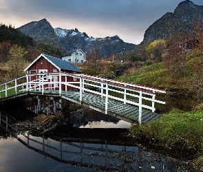 Wioska Nusfjord, Skansen, Norwegia, Rzeka, Most, Góry, Drzewa, Lofoty, Gmina Flakstad, Wyspa Flakstadoya, Domy