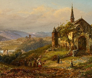 Góry, Ludzie, Malarstwo, Wzgórza, Kościół, Obraz, Peter Joseph Minjon