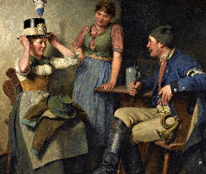 Malarstwo, Kobiety, Obraz, Dwie, Kuchnia, Hugo Wilhelm Kauffmann, Stół, Mężczyzna