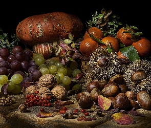 Kompozycja, Jarzębina, Mandarynki, Liście, Dynia, Warzywa, Kasztany jadalne, Orzechy, Owoce, Winogrona