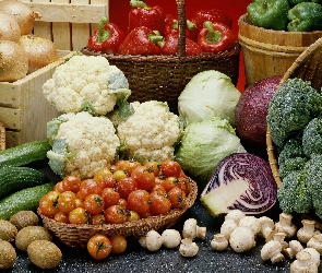 Papryka, Czerwona, Kapusta, Ogórki, Kalafiory, Cebula, Brokuły, Pomidory, Warzywa, Pieczarki