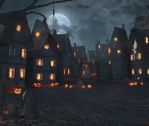 Halloween, Drzewo, Księżyc, Grafika, Dynie, Noc, Domy, Światła, Ulica