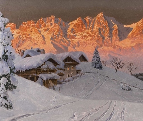 Zima, Obraz, Malarstwo, Świerki, Góry, Śnieg, Domy, Alois Arnegger